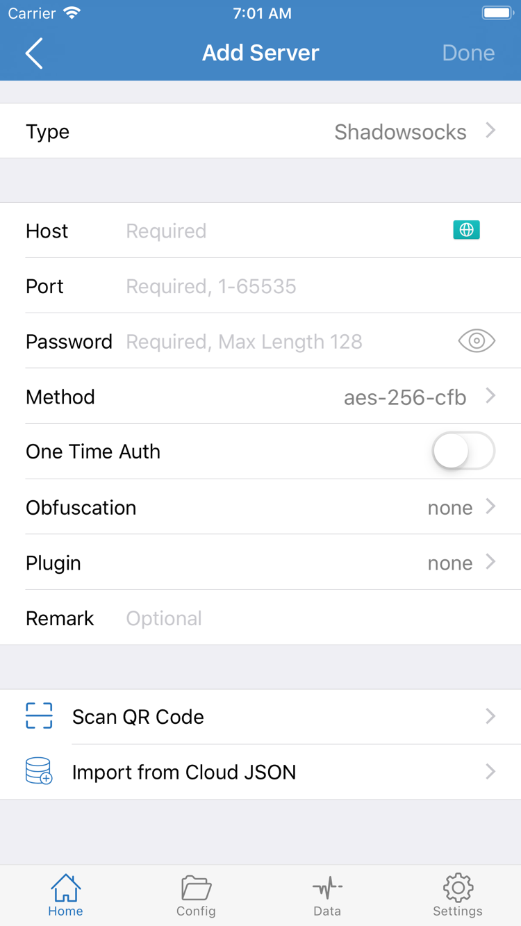 Shadowrocket’s Add Server screen, showing Type, Host, Port, Password, Method, and import options at the bottom
