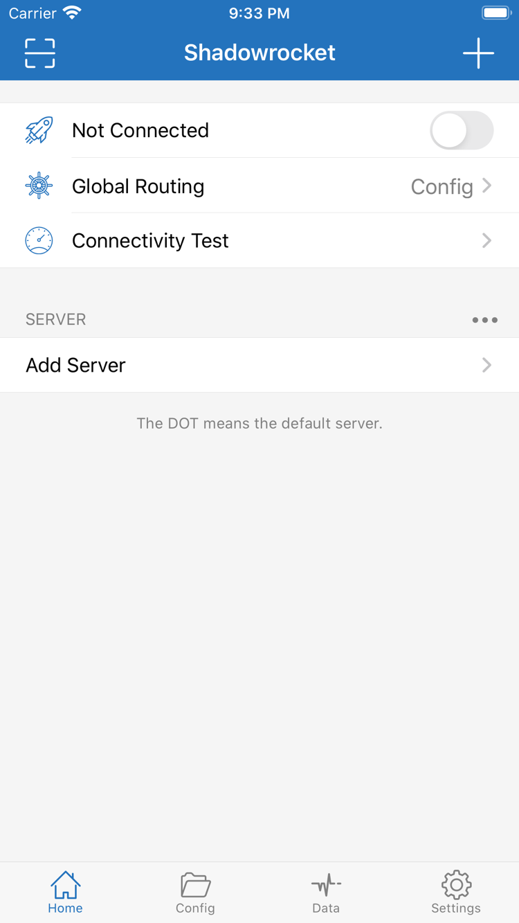 Shadowrocket’s Home screen, showing Not Connected and the connection switch, Global Routing, and Connectivity Test at the top, with the SERVER group and Add Server below